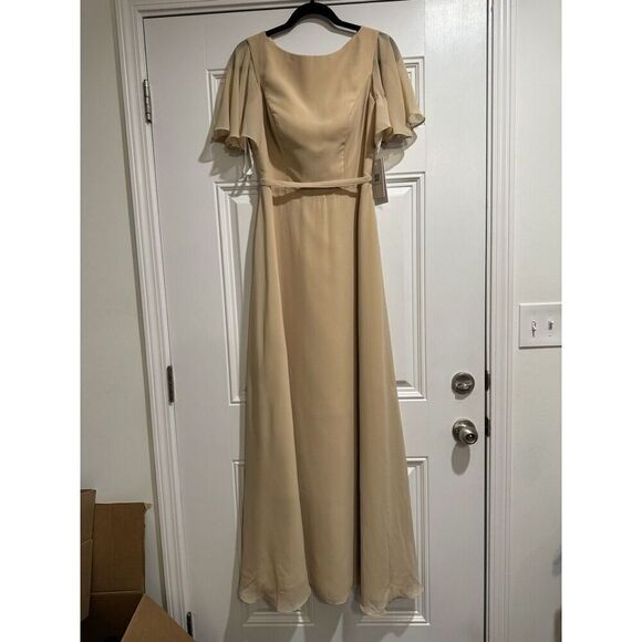 Babaroni Yvette Full Length Chiffon Dress Champagne Size 6 NWT Flutter Women’s - Picture 7 of 12